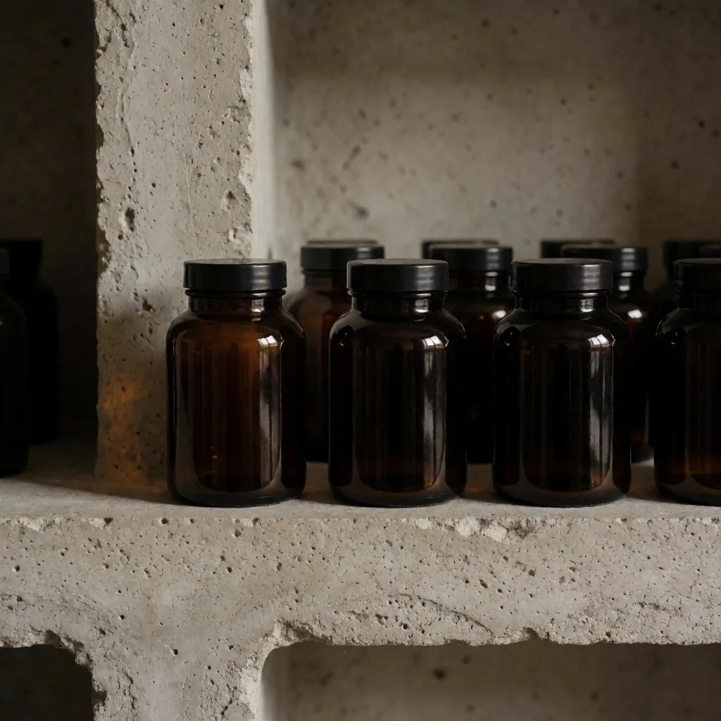 Amber supplement bottles on concrete shelf