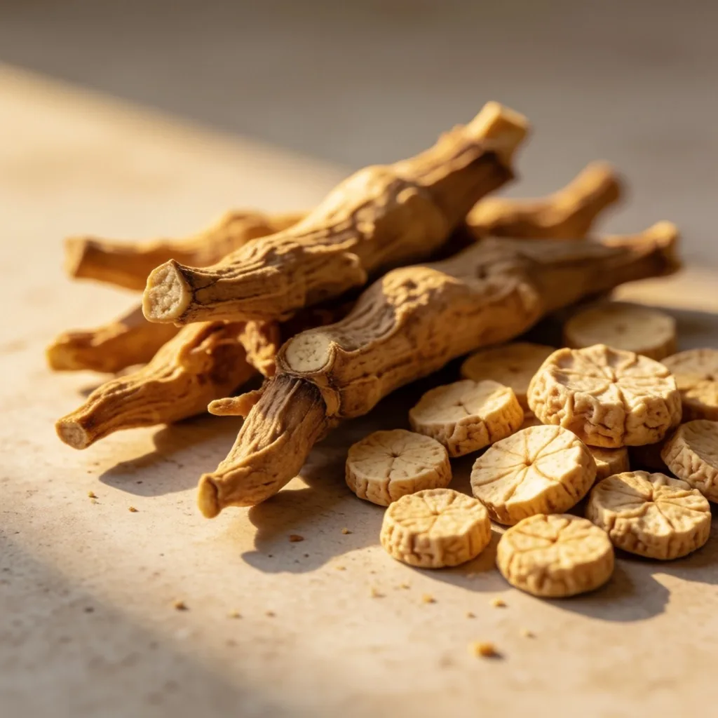 Dried ashwagandha root and ginseng slices on a concrete surface