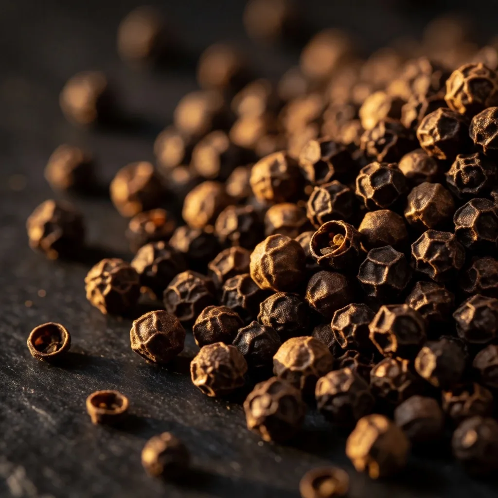 Black peppercorns on a dark surface