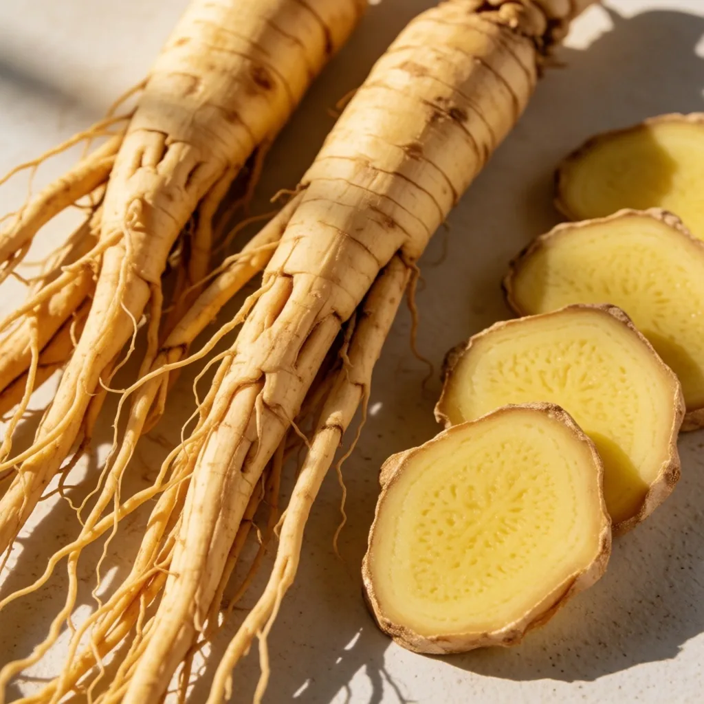 Fresh ginseng roots and ginger on a concrete studio surface