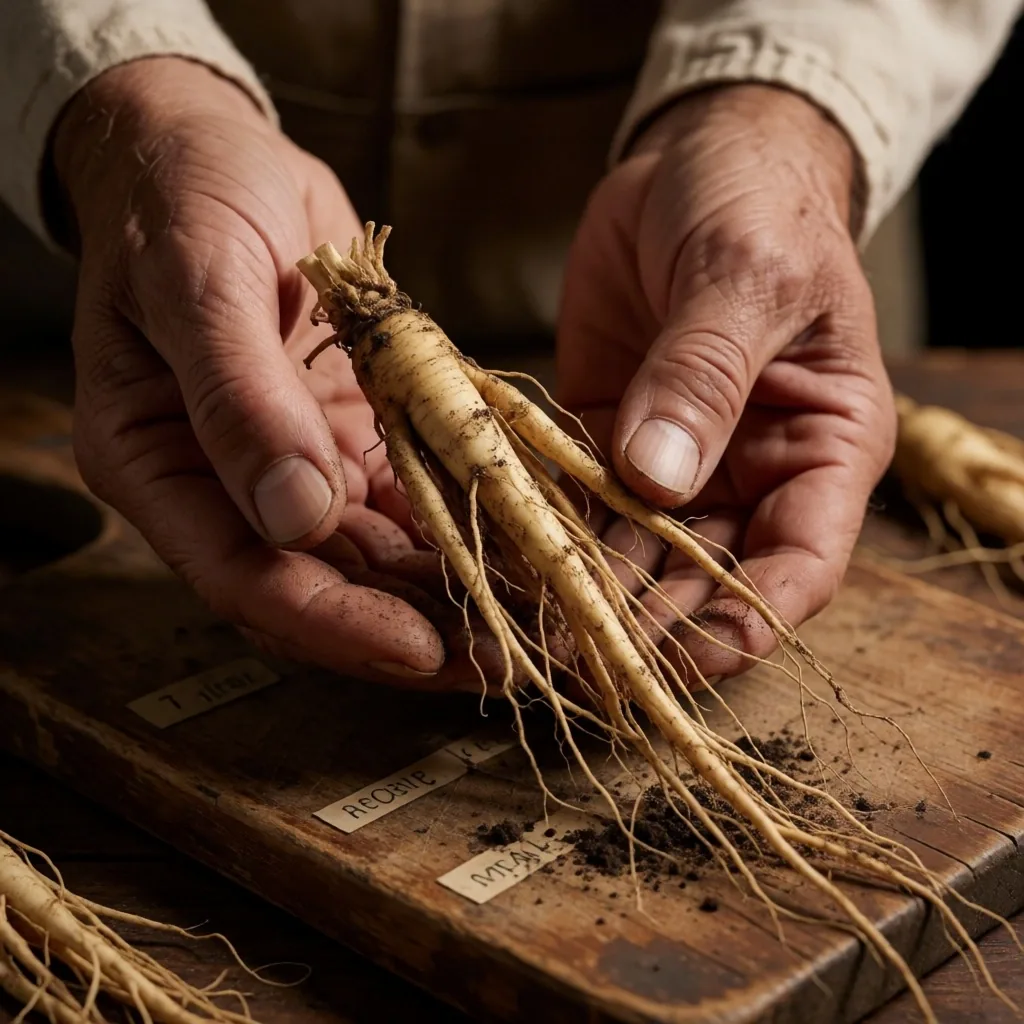 Hands holding a ginseng root over a herbarium sheet
