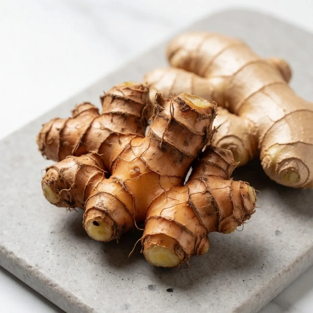 Raw ginger root on concrete surface under studio light