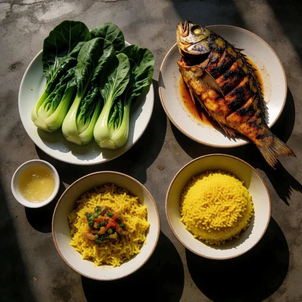 Indonesian meal spread on a concrete table